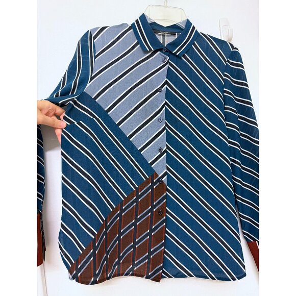 Max Mara Weekend Stripe Colorblock Silk Top Blouse Blue Gray Red Patchwork S - Picture 5 of 16